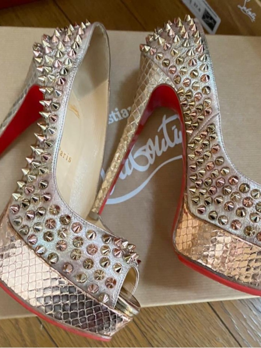 Christian Louboutin Rose Gold Spikes Lady Peep Pumps 37